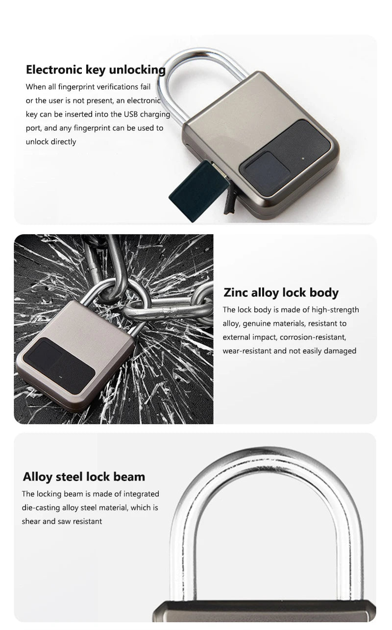 Fingerprint Padlock Waterproof Smart Keyless Security Locker Fingerprint Lock Anti-Theft USB Charge For Bike Gym Locker Luggage