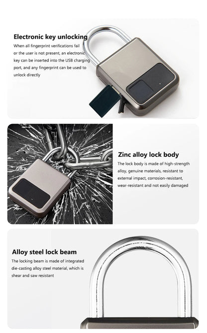 Fingerprint Padlock Waterproof Smart Keyless Security Locker Fingerprint Lock Anti-Theft USB Charge For Bike Gym Locker Luggage