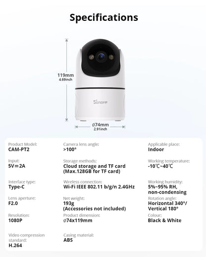 SONOFF CAM PT2 Smart Home Security Camera Smart Night Vision 360° Panoramic View Remote HD Monitoring with Real-Time Interaction